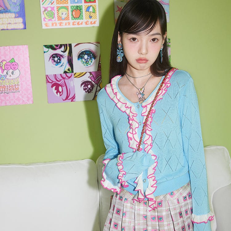 Pink Kawaii Women's Pink Kawaii Cutout Colorful Frill Splice Shirt