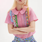 Pink Kawaii Women's Pink Kawaii Doll Collar Colorful Frill Splice Shirt