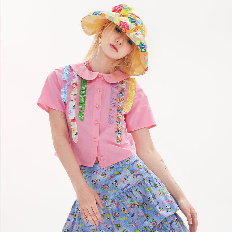 Pink Kawaii Women's Pink Kawaii Doll Collar Colorful Frill Splice Shirt