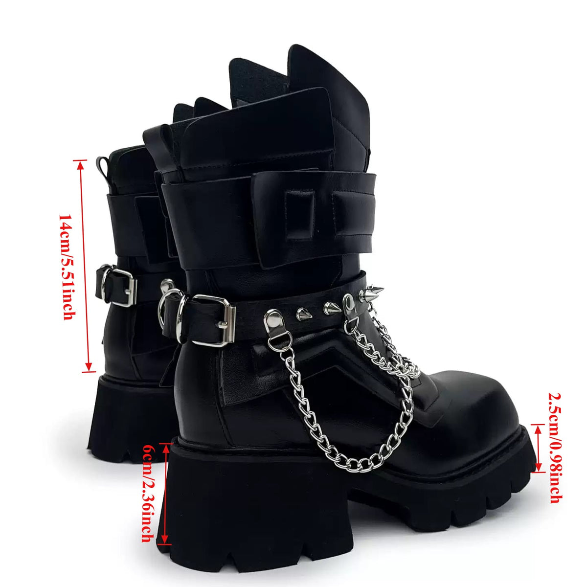 Punk Design Men's Punk Spiked Chained Buckle Strap Square‑Toe Platform Block Heel Boots
