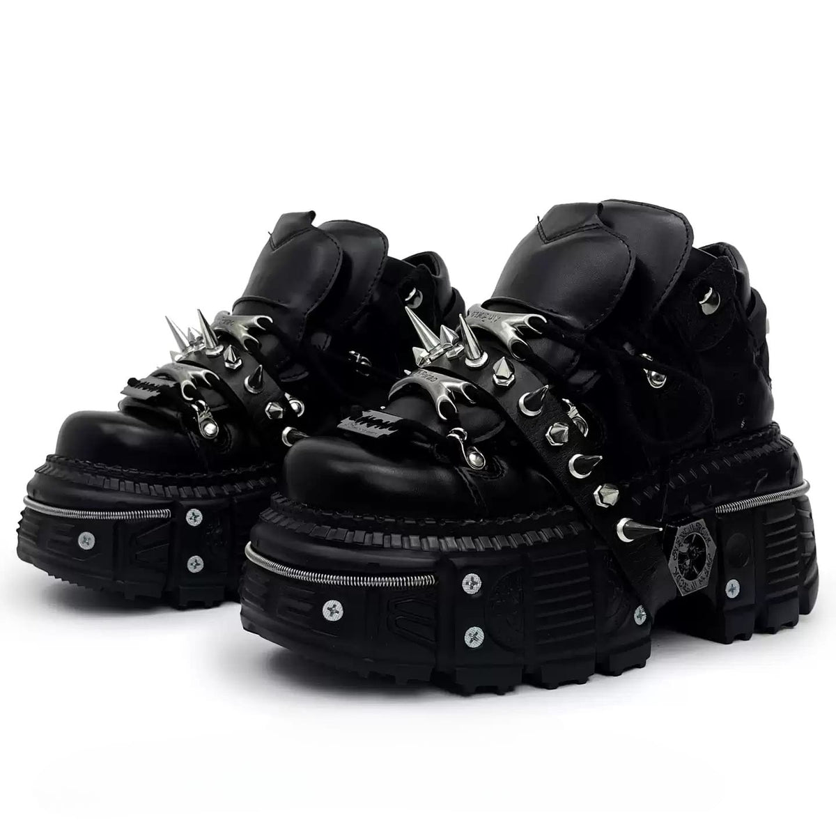 Punk Design Men's Punk Spiked Strap Round‑Toe Chunky Sole Shoes