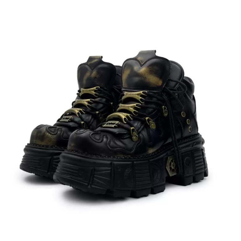 Punk Design Men's Punk Two‑Tone Lace-up Round‑Toe Platform Chunky Sole Shoes