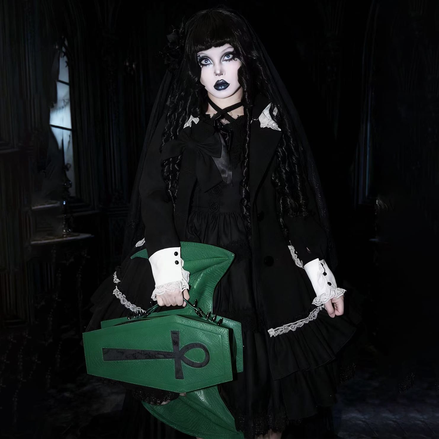 Punk Design Women's Gothic Cross Bat Wing Coffin Bag Green