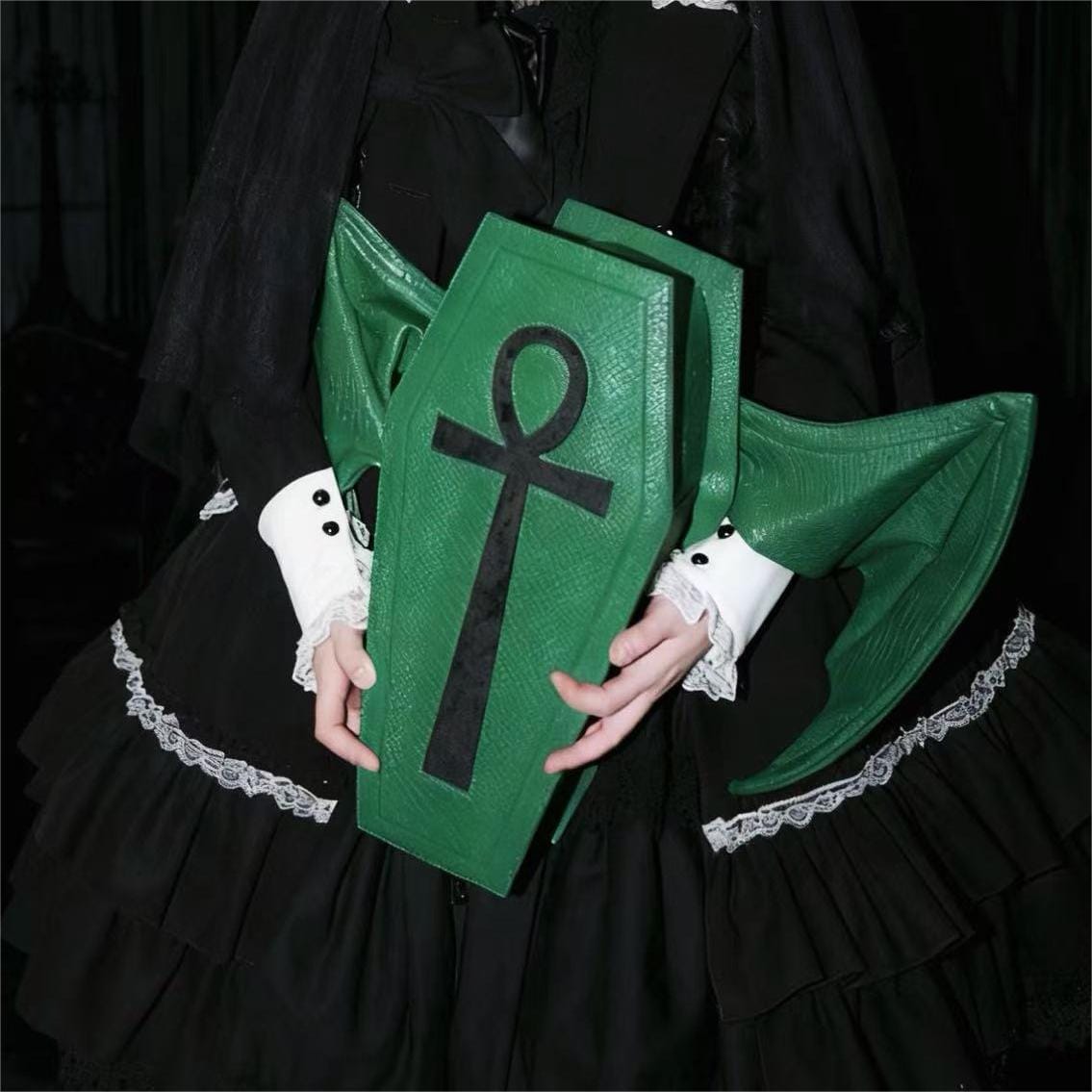 Punk Design Women's Gothic Cross Bat Wing Coffin Bag Green