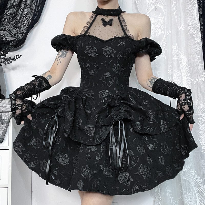 Punk Design Women's Gothic Off-the-shoulder Rose Layered Party Dress