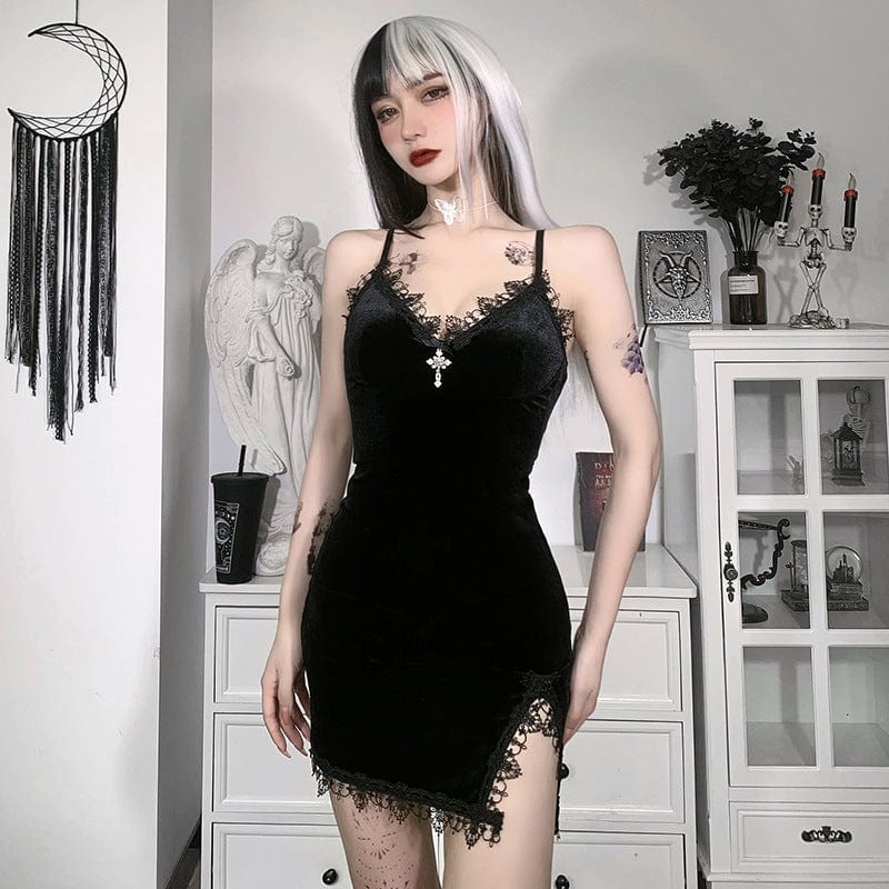 Punk Design Women's Gothic Plunging Lace Splice Velvet Slip Dress