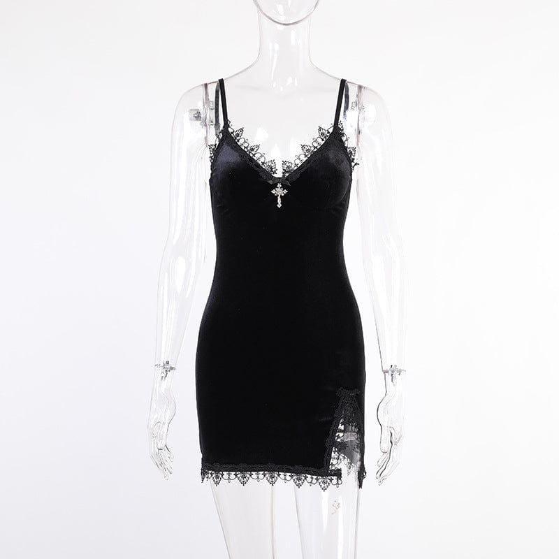 Punk Design Women's Gothic Plunging Lace Splice Velvet Slip Dress