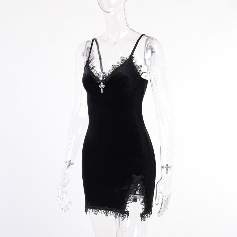 Punk Design Women's Gothic Plunging Lace Splice Velvet Slip Dress