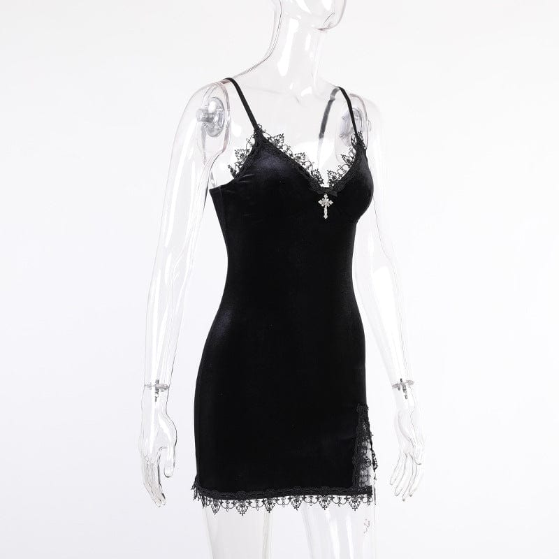 Punk Design Women's Gothic Plunging Lace Splice Velvet Slip Dress