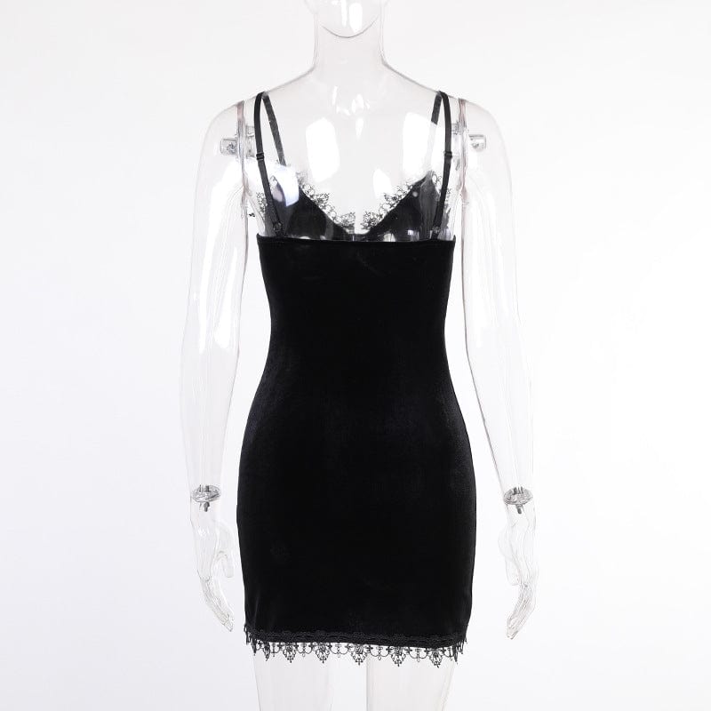 Punk Design Women's Gothic Plunging Lace Splice Velvet Slip Dress