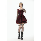 Punk Design Women's Grunge Lace-up Ruched Plaid Cake Dress