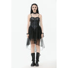Punk Design Women's Punk Buckle Strap Lace-up Mesh Splice Slip Dress