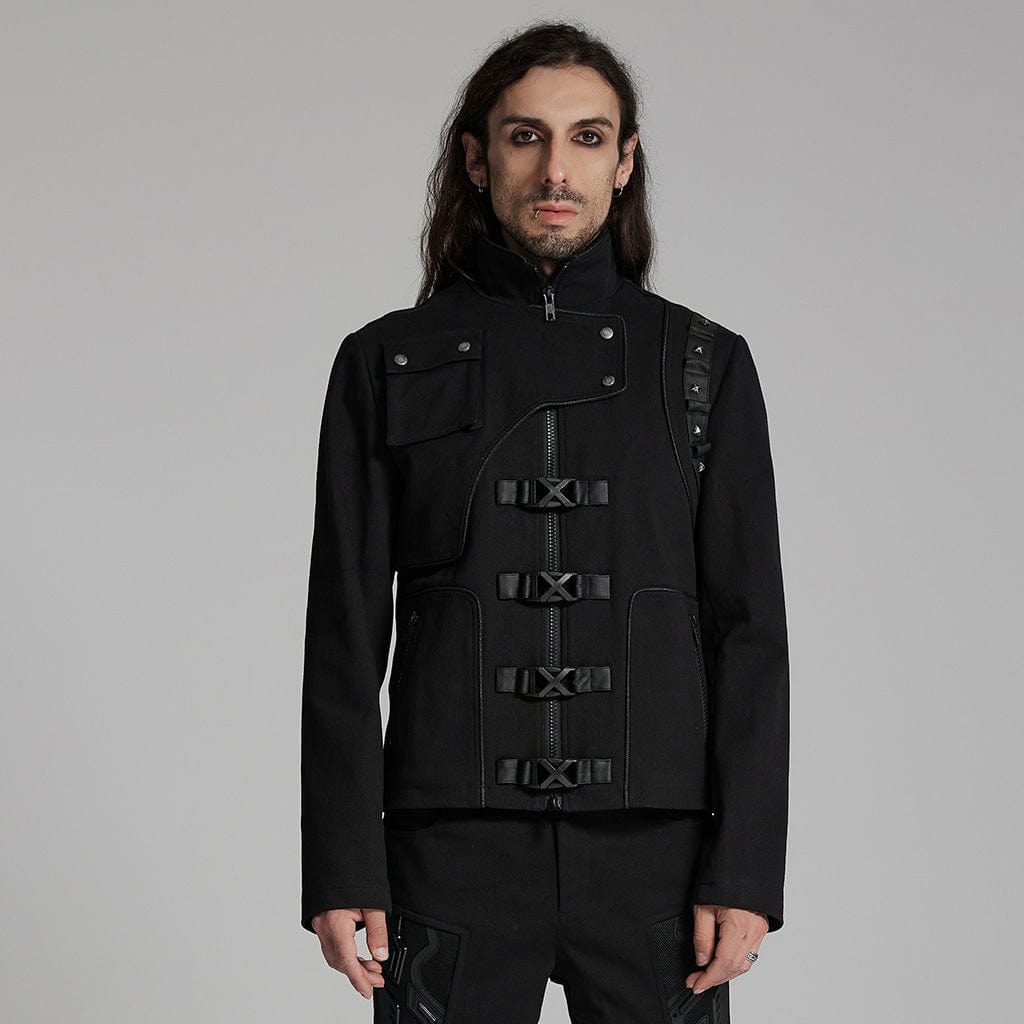 PUNK RAVE Men's Cyberpunk Buckle-up Rivets Jacket