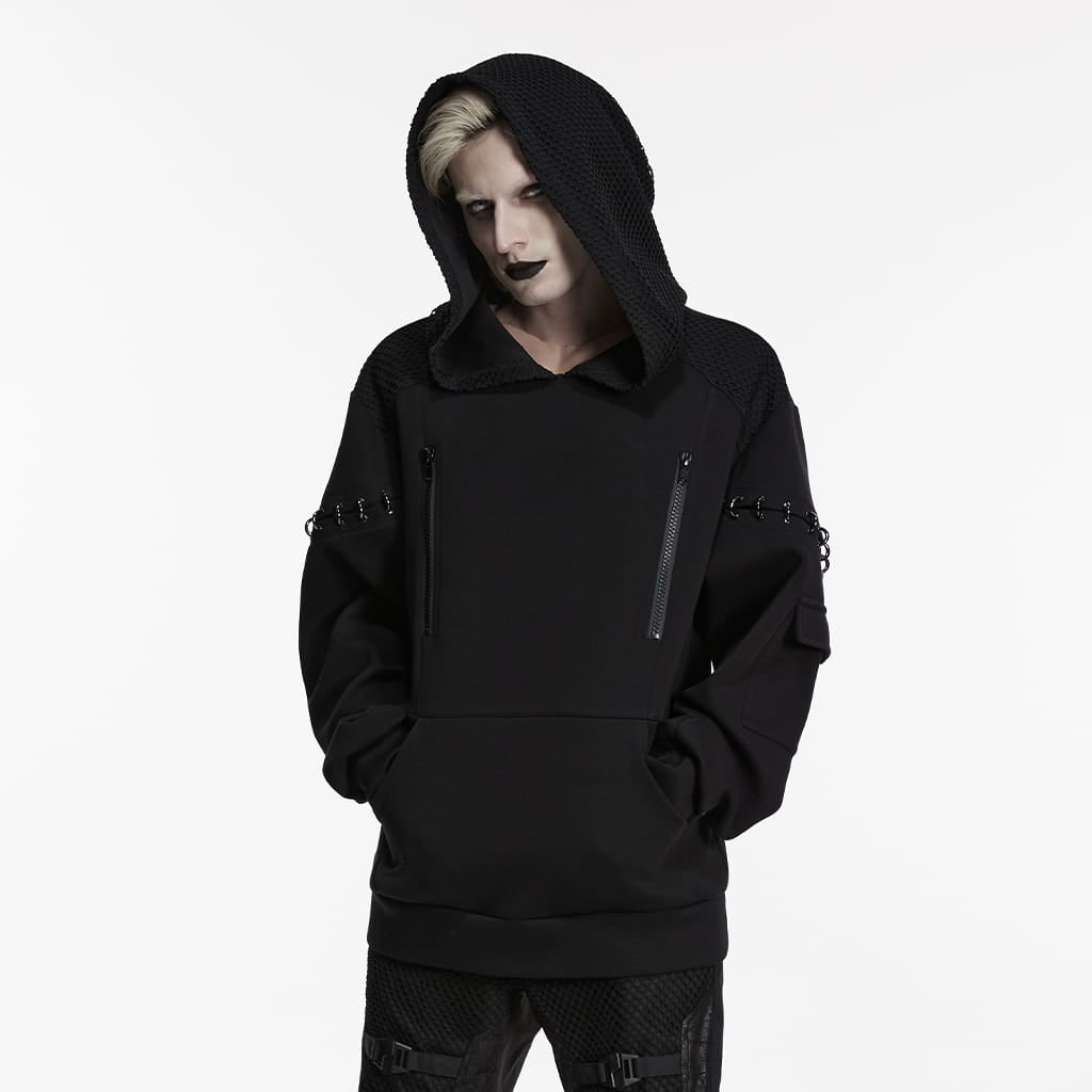 PUNK RAVE Men's Cyberpunk D-rings Zips Hoodie