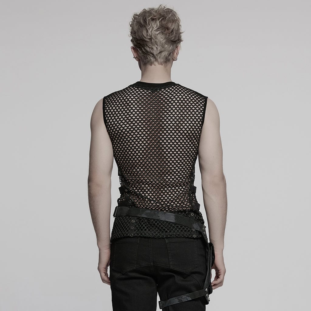 PUNK RAVE Men's Cyberpunk Faux Leather Splice  Mesh Sheer Vest