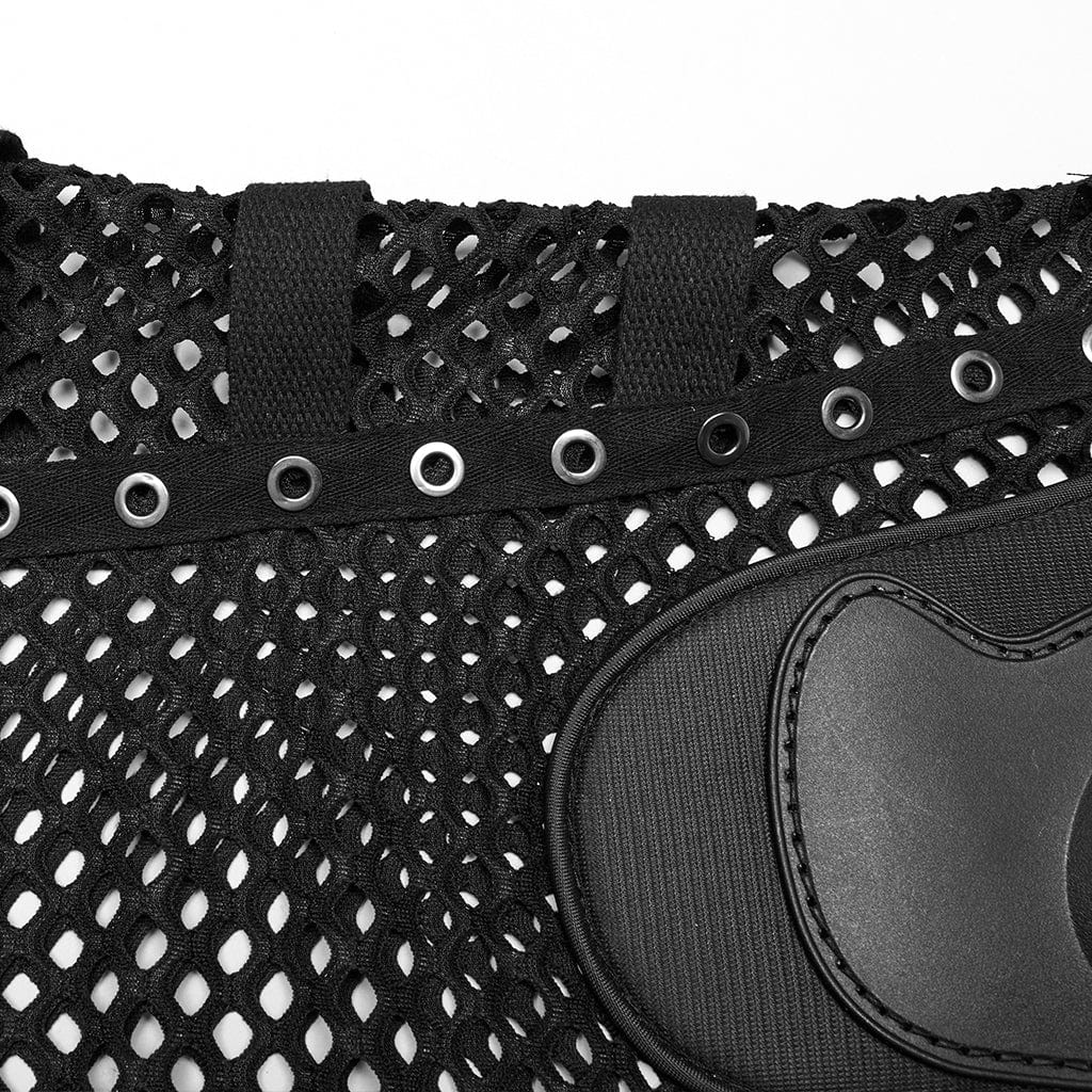 PUNK RAVE Men's Cyberpunk Faux Leather Splice  Mesh Sheer Vest