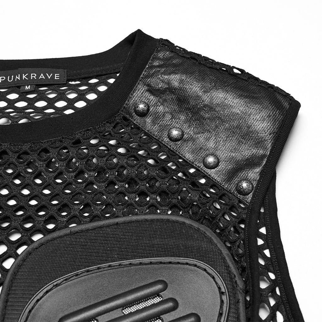PUNK RAVE Men's Cyberpunk Faux Leather Splice  Mesh Sheer Vest