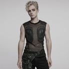 PUNK RAVE Men's Cyberpunk Faux Leather Splice  Mesh Sheer Vest