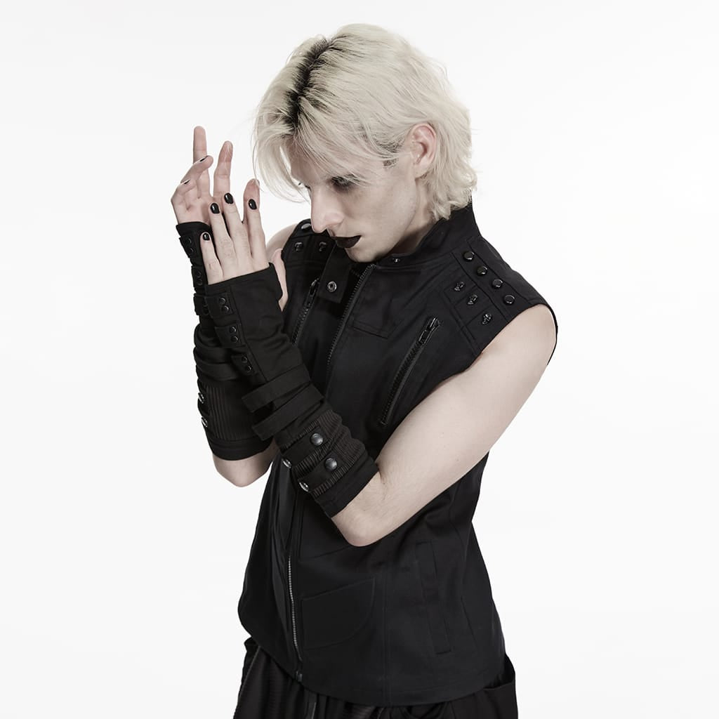 PUNK RAVE Men's Cyberpunk Layered Fingerless Gloves