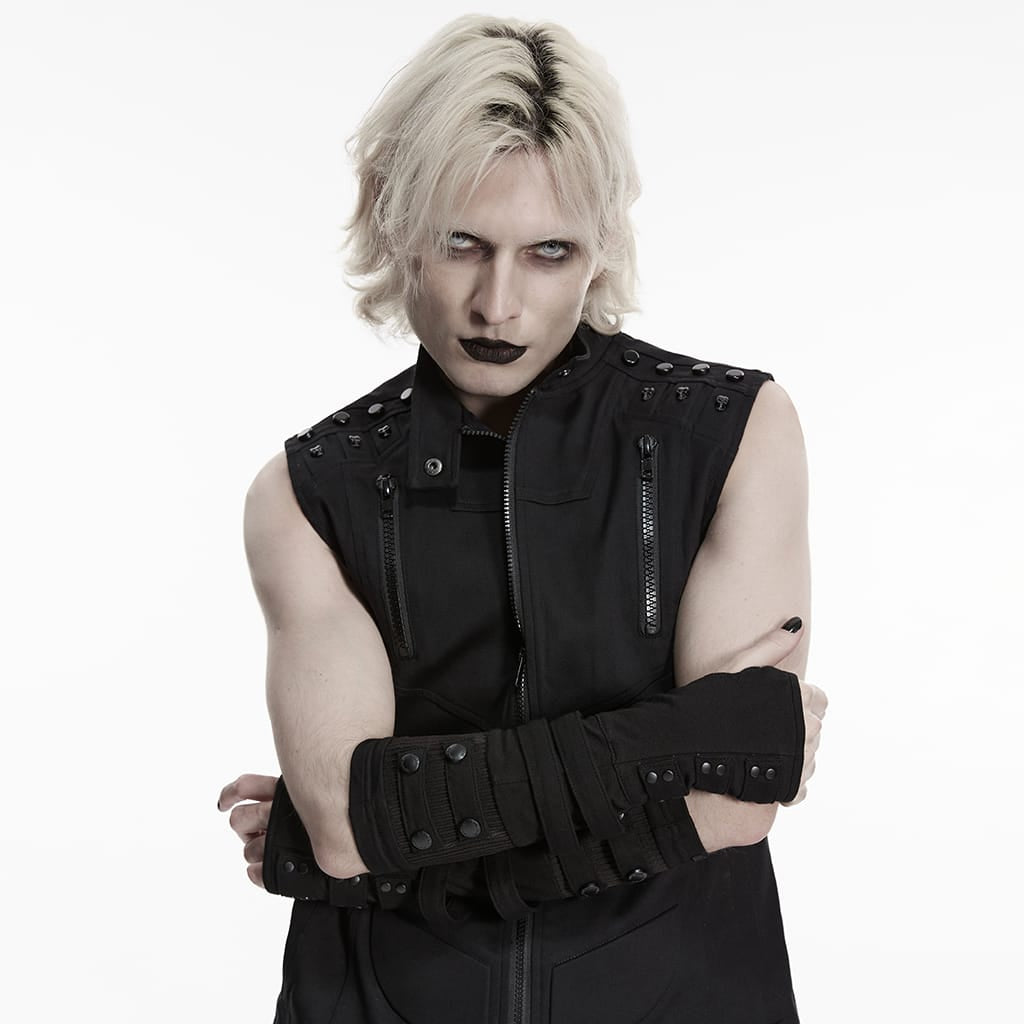 PUNK RAVE Men's Cyberpunk Layered Fingerless Gloves
