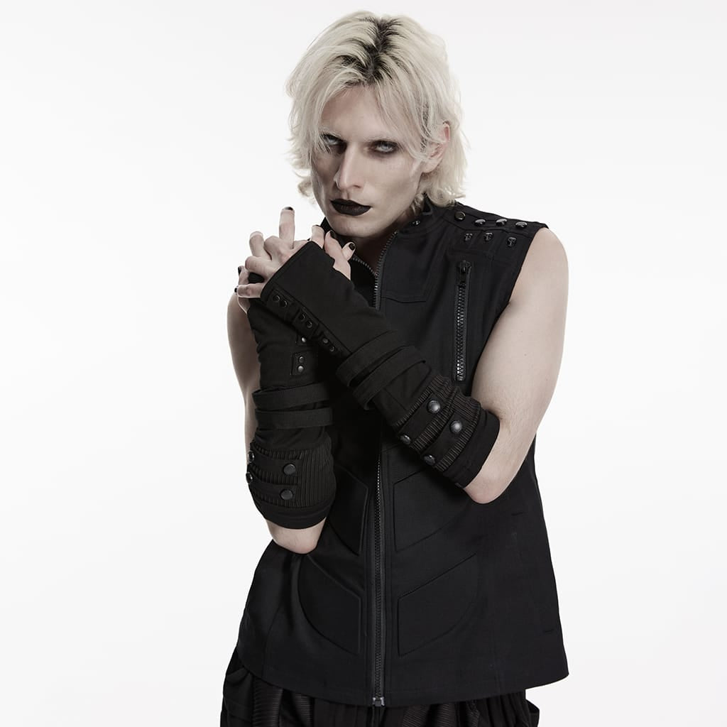 PUNK RAVE Men's Cyberpunk Layered Fingerless Gloves
