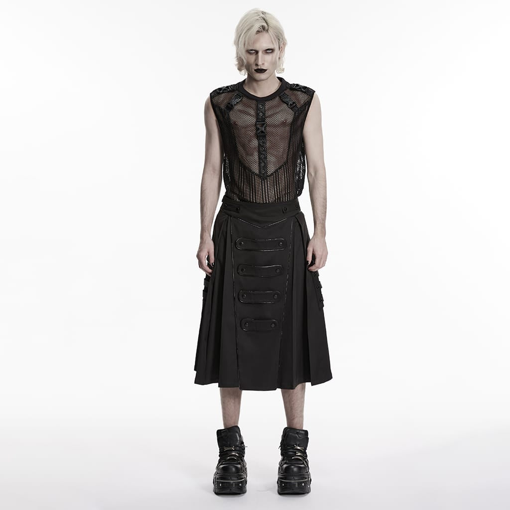 PUNK RAVE Men's Cyberpunk Rivets Big Pockets Pleated Skirt