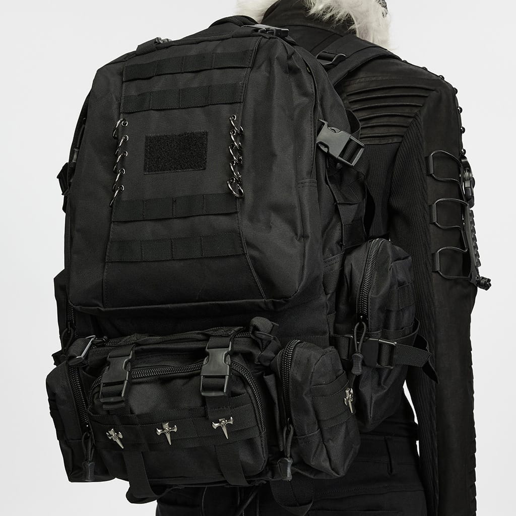 PUNK RAVE Men's Cyberpunk Skull Cross Ring Buckle Strap Tactical Backpack