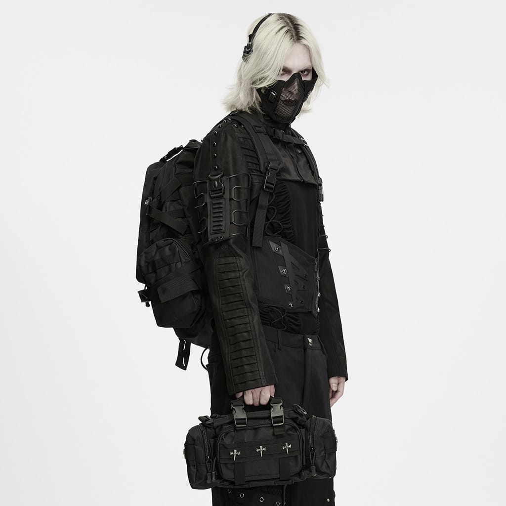 PUNK RAVE Men's Cyberpunk Skull Cross Ring Buckle Strap Tactical Backpack