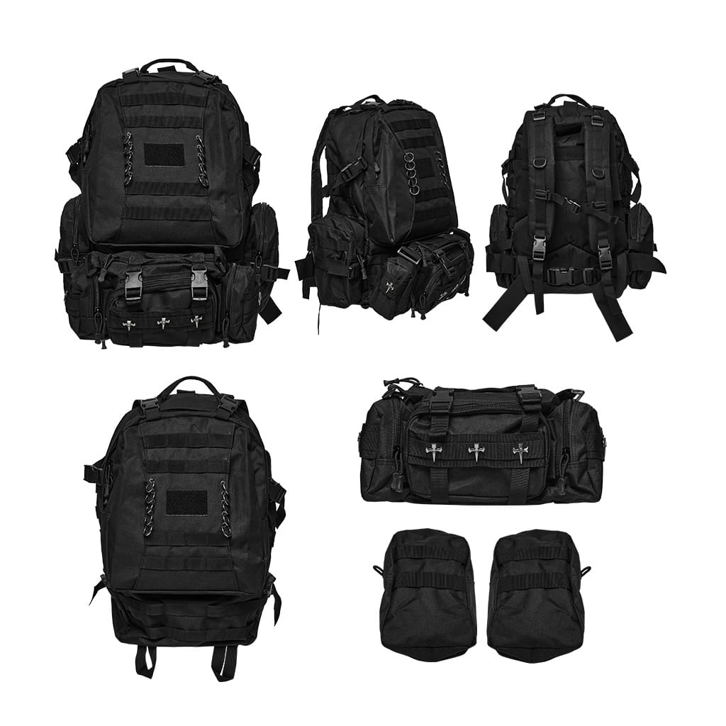 PUNK RAVE Men's Cyberpunk Skull Cross Ring Buckle Strap Tactical Backpack
