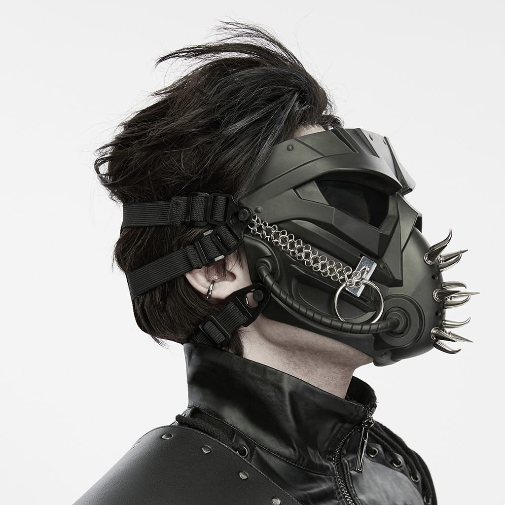 PUNK RAVE Men's Cyberpunk Spiked Chain Ring Mask