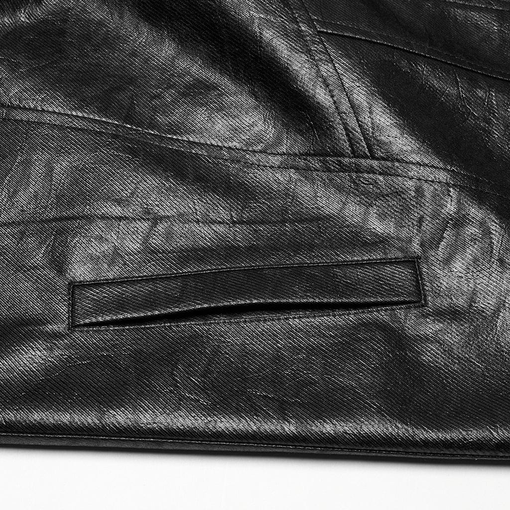 PUNK RAVE Men's Cyberpunk Stand Collar Buckle Faux Leather Coat