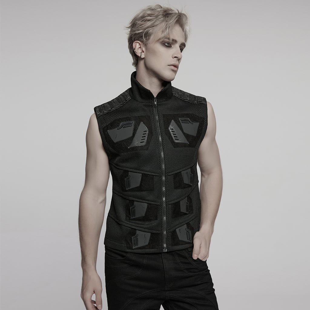 PUNK RAVE Men's Cyberpunk Stand Collar  Faux Leather Splice Mesh Vest