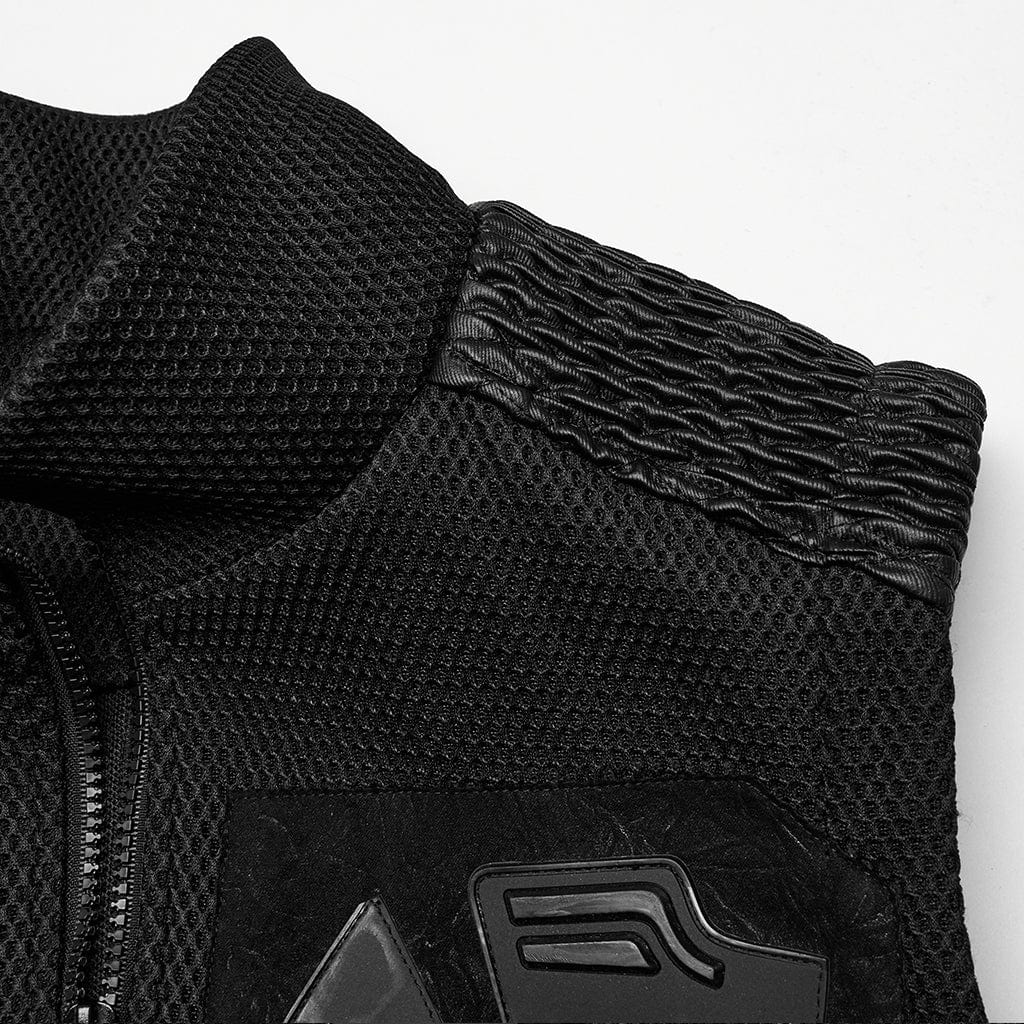 PUNK RAVE Men's Cyberpunk Stand Collar  Faux Leather Splice Mesh Vest