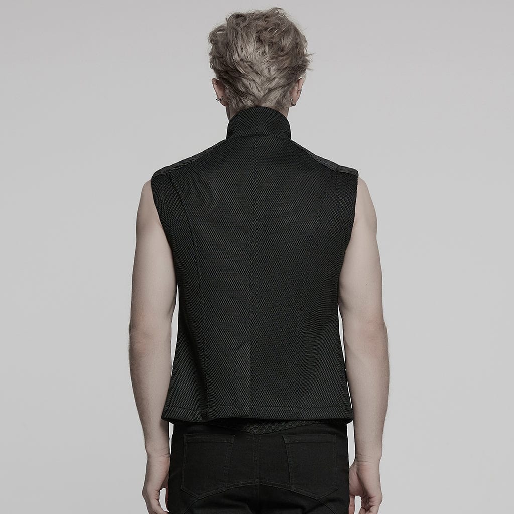 PUNK RAVE Men's Cyberpunk Stand Collar  Faux Leather Splice Mesh Vest