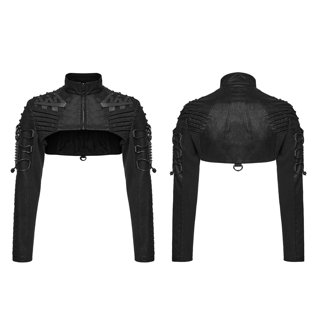 PUNK RAVE Men's Cyberpunk Studded Pleated Stand Collar Short Jacket