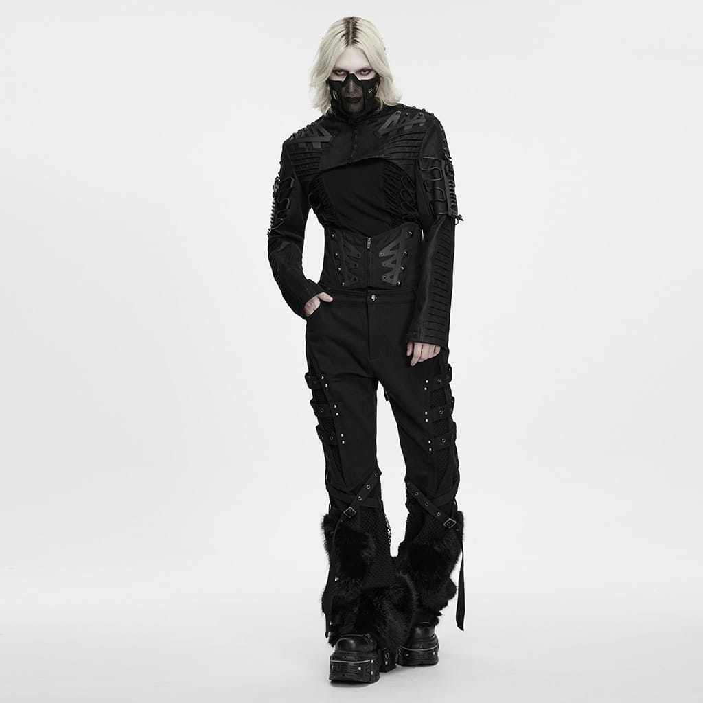 PUNK RAVE Men's Cyberpunk Studded Pleated Stand Collar Short Jacket