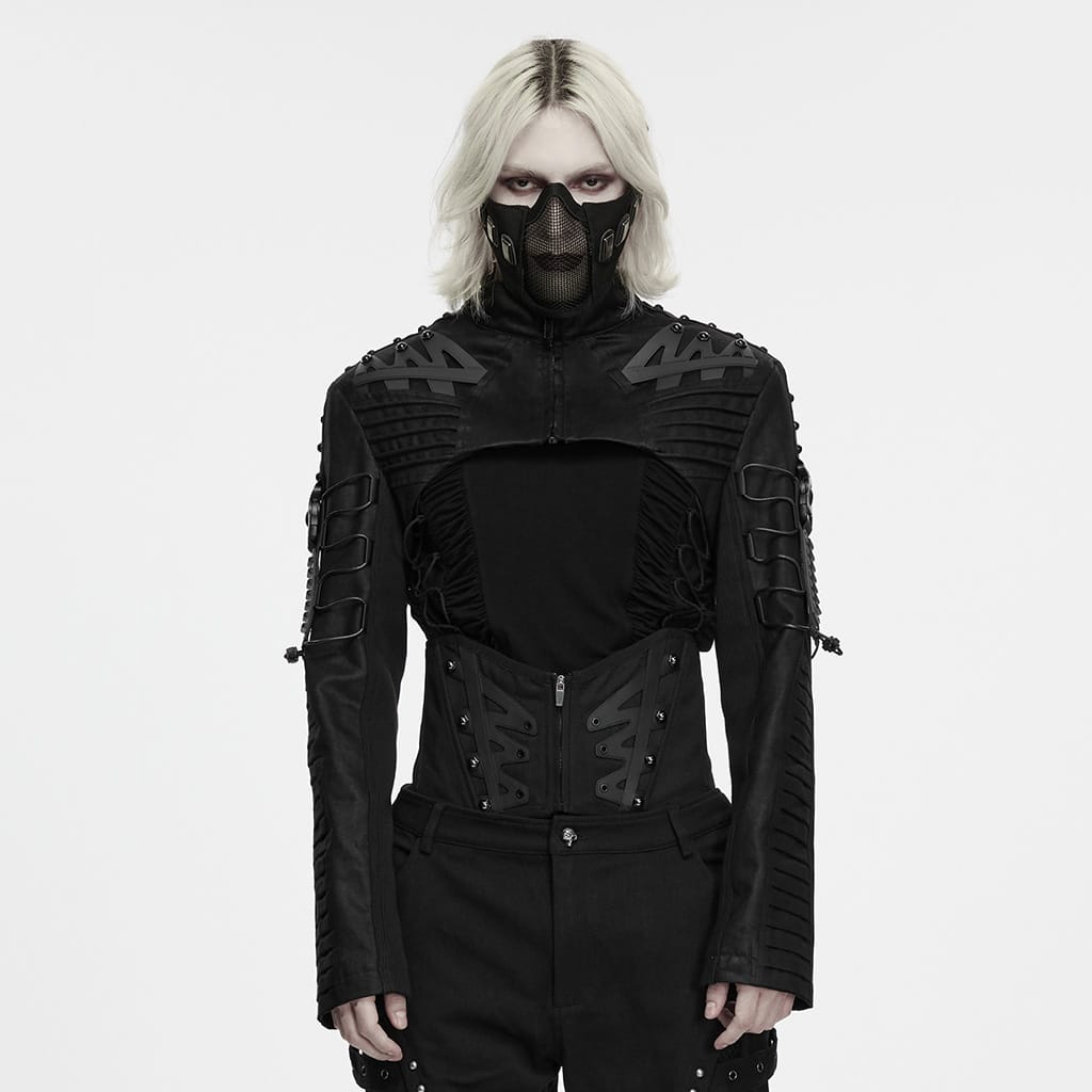 PUNK RAVE Men's Cyberpunk Studded Pleated Stand Collar Short Jacket