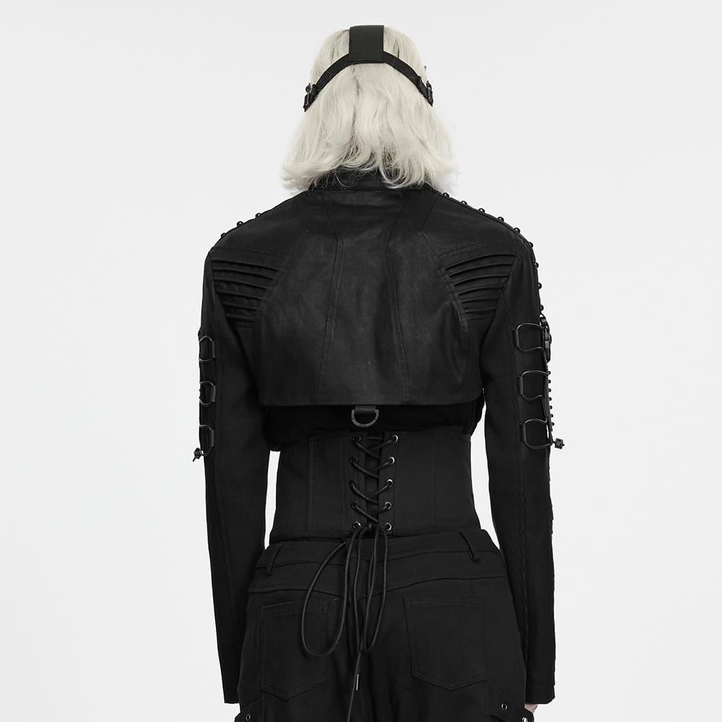 PUNK RAVE Men's Cyberpunk Studded Pleated Stand Collar Short Jacket