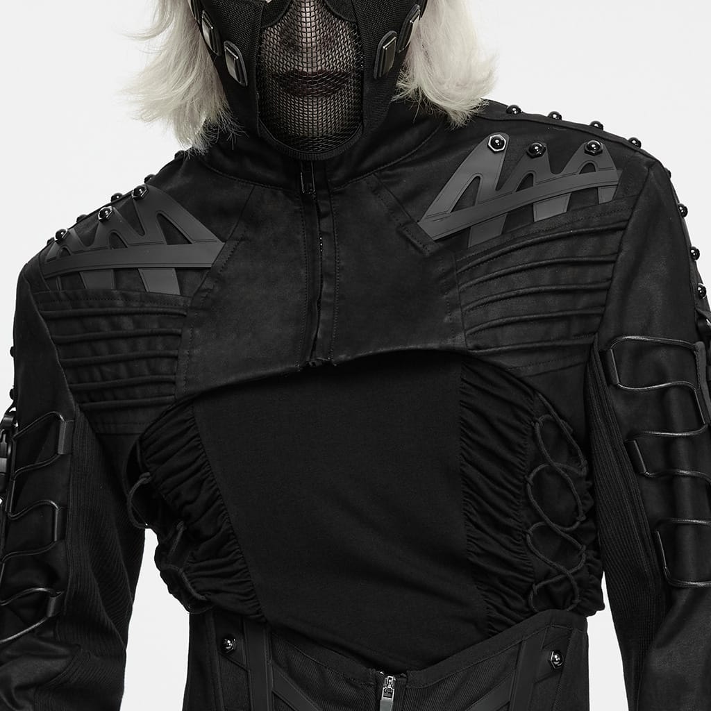 PUNK RAVE Men's Cyberpunk Studded Pleated Stand Collar Short Jacket