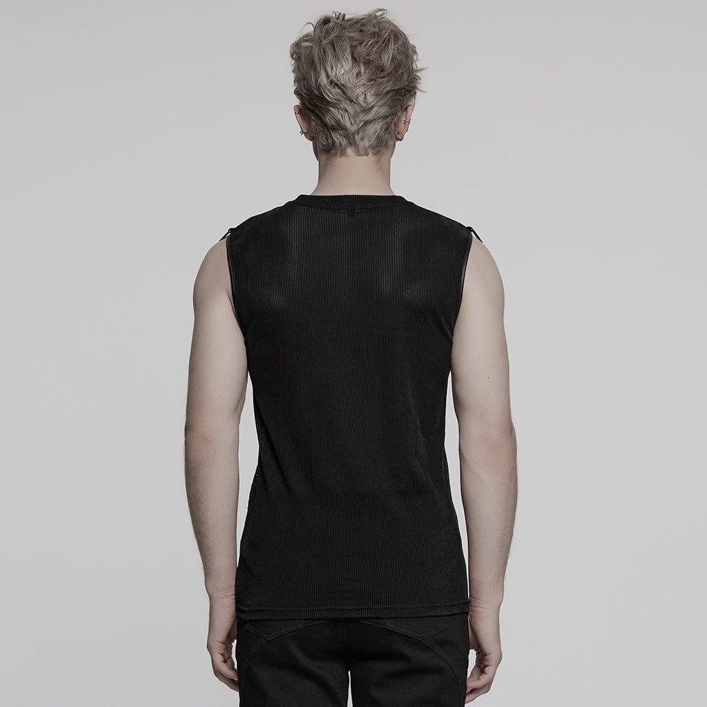 PUNK RAVE Men's Cyberpunk Studded Sheer Mesh Vest Black
