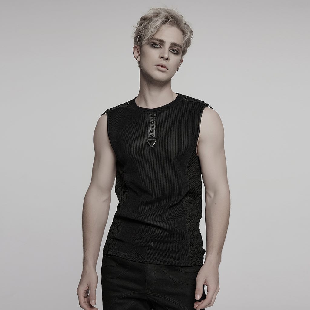 PUNK RAVE Men's Cyberpunk Studded Sheer Mesh Vest Black