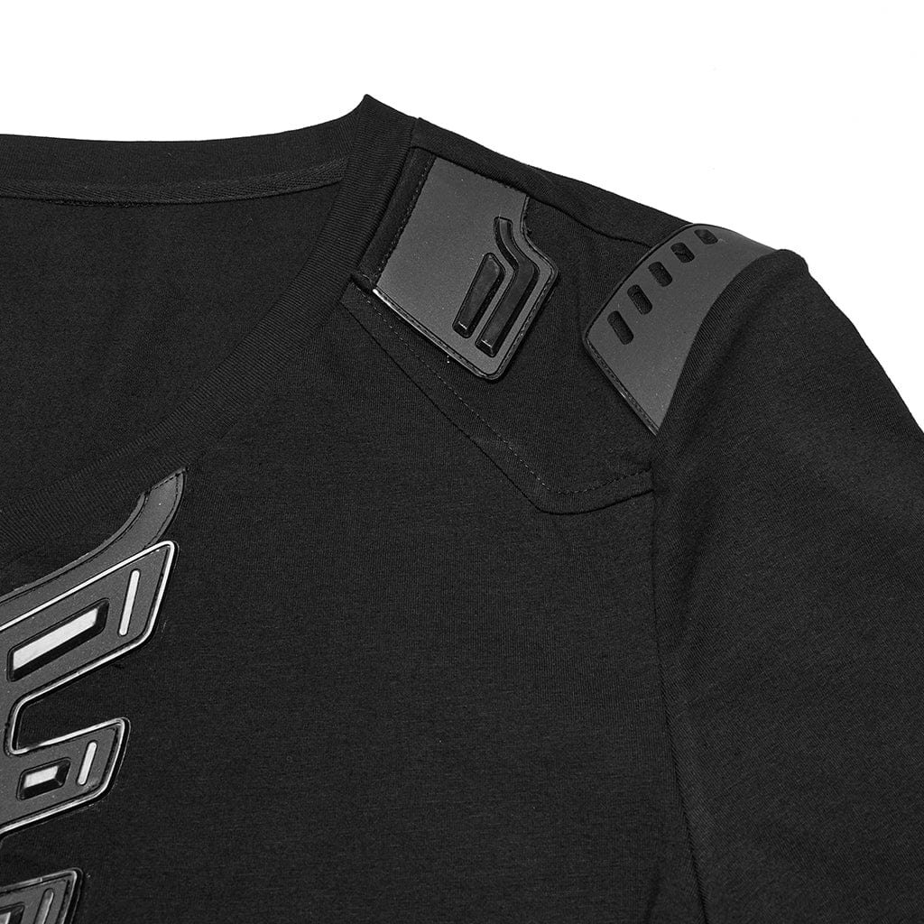 PUNK RAVE Men's Cyberpunk V-neck Rubber Patched T-shirt