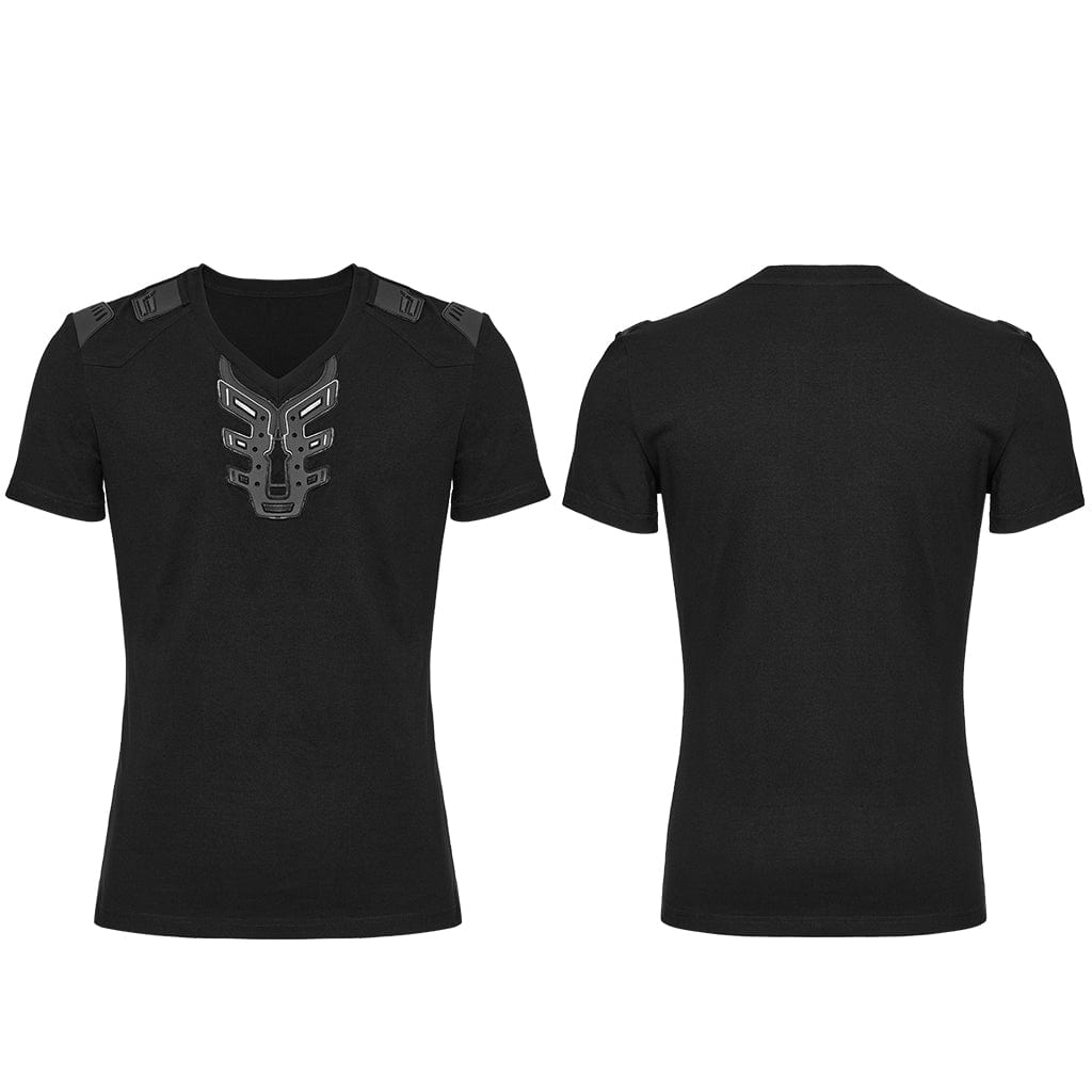 PUNK RAVE Men's Cyberpunk V-neck Rubber Patched T-shirt