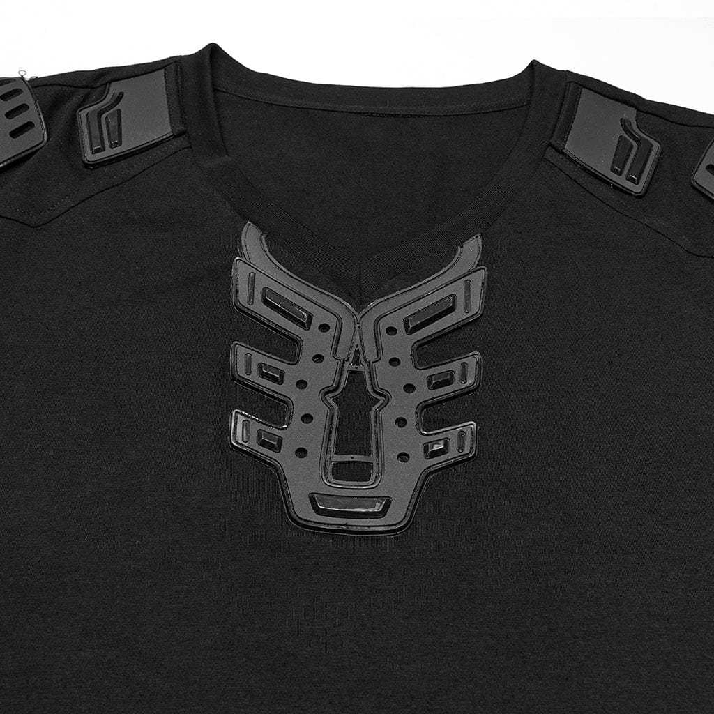 PUNK RAVE Men's Cyberpunk V-neck Rubber Patched T-shirt