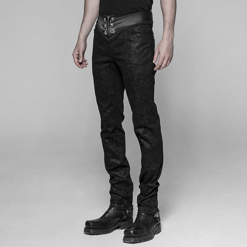 PUNK RAVE Men's Faux Leather and Jacquard Goth Trousers