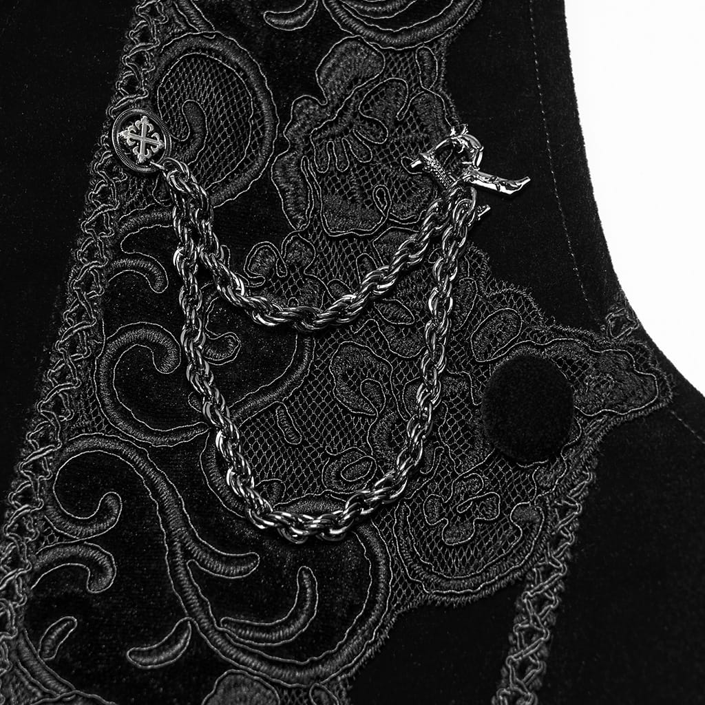 PUNK RAVE Men's Gothic Applique Chain Front Zipper Waistcoat Black