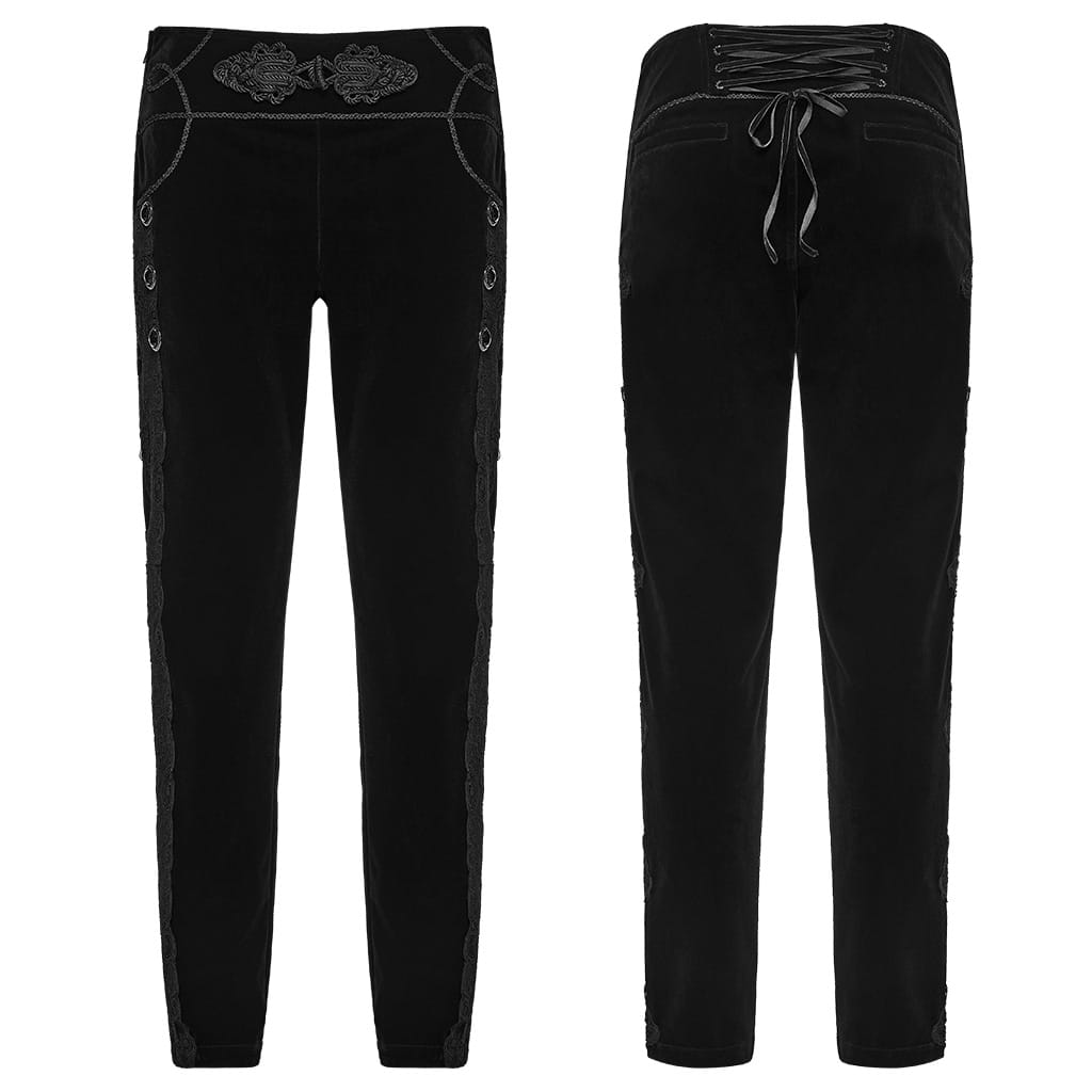 PUNK RAVE Men's Gothic Applique Lace-up Side Zipper Pants Black