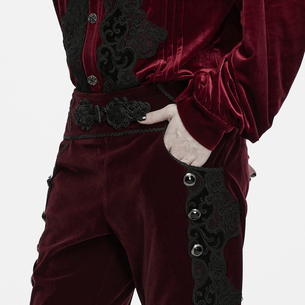 PUNK RAVE Men's Gothic Applique Lace-up Side Zipper Pants Red
