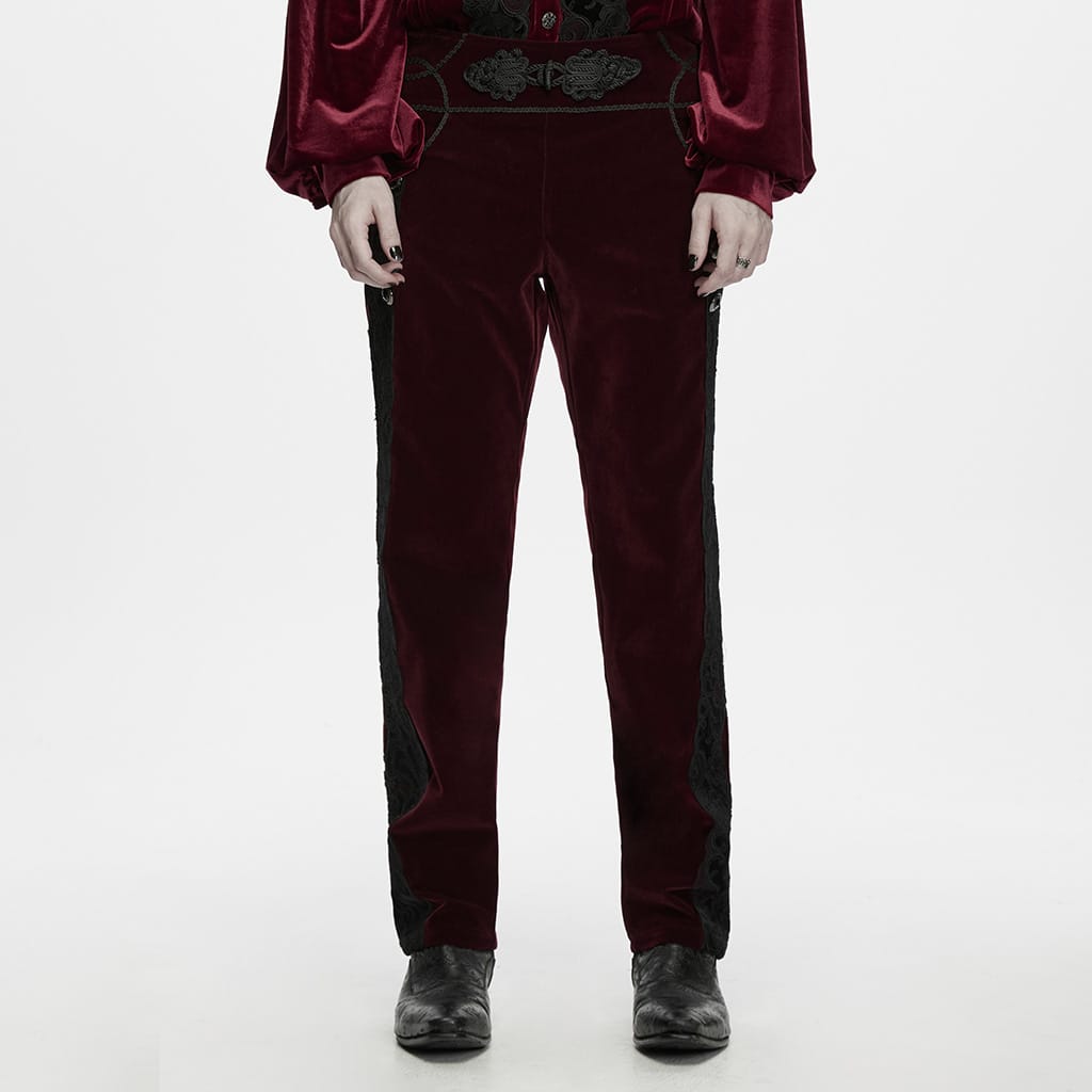 PUNK RAVE Men's Gothic Applique Lace-up Side Zipper Pants Red
