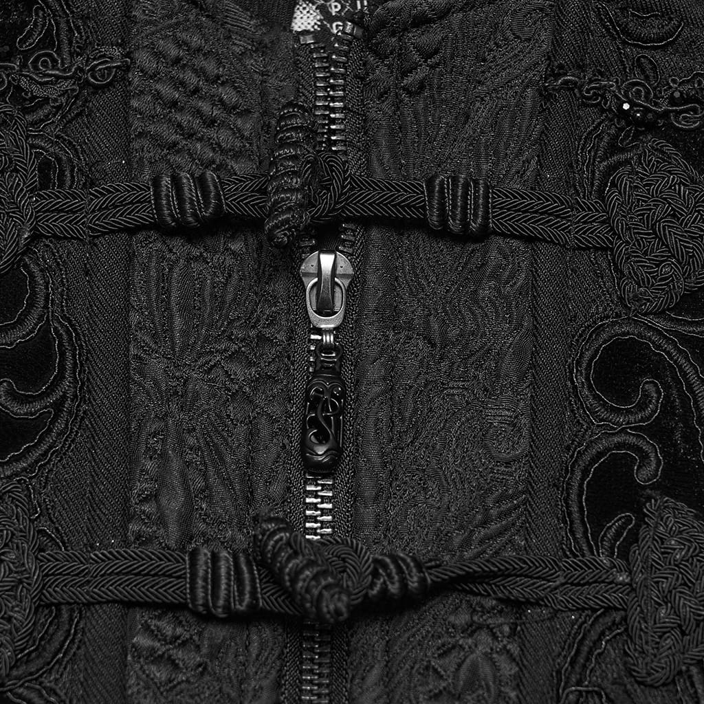 PUNK RAVE Men's Gothic Beaded Applique Stand Collar Long Jacket